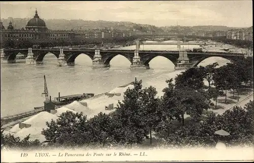 Ak Lyon Rhône, Panorama der Brücken auf der Rhône