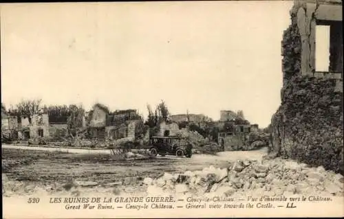 Ak Coucy le Château Aisne, Schloss, Ruinen, Kriegszerstörungen, 1. Weltkrieg