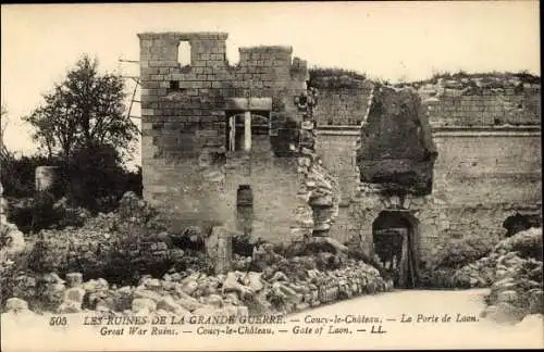 Ak Coucy le Château Aisne, La Porte de Laon, Kriegszerstörungen