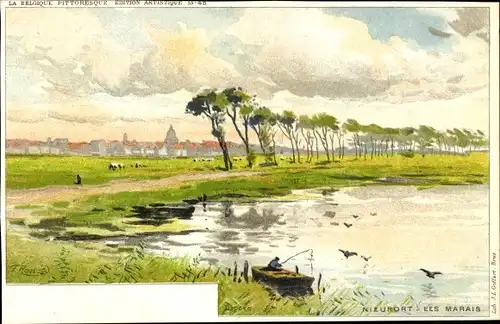 Künstler Litho Ranot, F., Nieuwpoort Westflandern, Les Marais, Angler, Boot