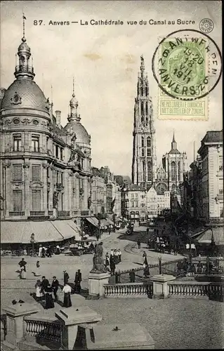Ak Antwerpen Antwerpen Flandern, Kathedrale vom Sucre-Kanal aus gesehen