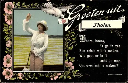 Gedicht Passepartout Ak Tholen Zeeland Niederlande, Frau am Strand