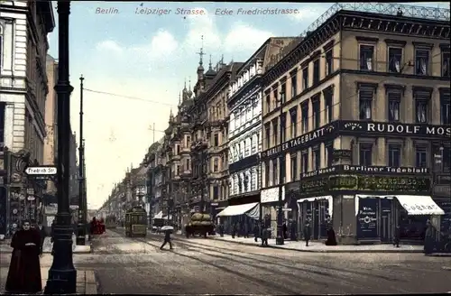 Ak Berlin Mitte, Leipziger Straße, Friedrichstraße, Geschäftshaus Rudolf Mosse, Berliner Tageblatt