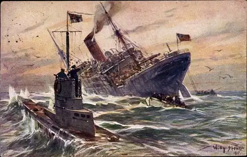 Künstler Ak Stöwer, Willy, Vernichtung eines englischen Handelsdampfers durch ein deutsches U-Boot