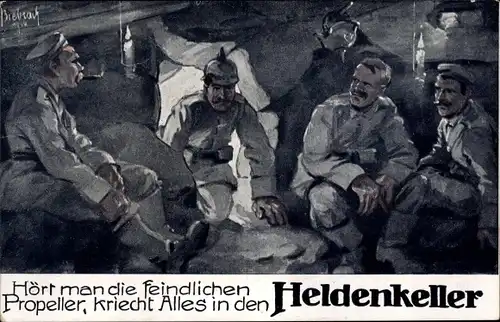 Künstler Ak Hört man die feindlichen Propeller, kriecht alles in den Heldenkeller, Landsers Leben