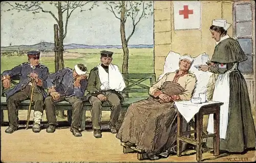 Ak Krankenschwester pflegt verwundete Soldaten, Rotes Kreuz Königreich Sachsen