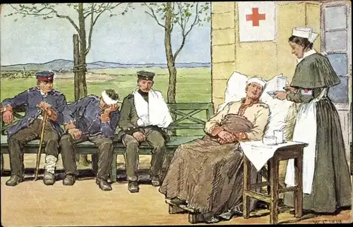 Künstler Ak Claudius, Krankenschwester pflegt verwundete Soldaten, Rotes Kreuz Königreich Sachsen