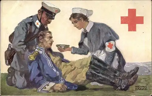 Künstler Ak Krause, William, Rotes Kreuz Sachsen, Verwundeter Soldat, Krankenschwester, Arzt