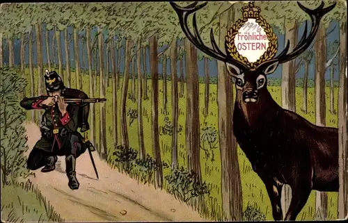 Ak Glückwunsch Ostern, Soldat zielt auf einen Hirsch