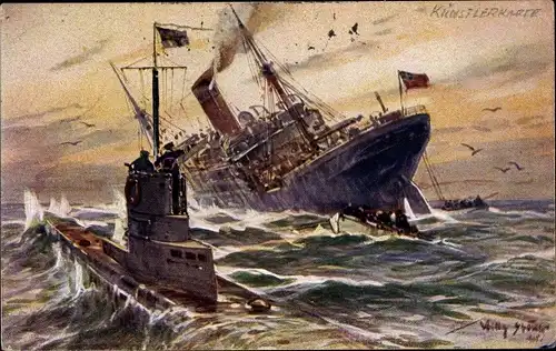 Künstler Ak Stöwer, Willy, Vernichtung eines englischen Handelsdampfers durch ein deutsches U-Boot