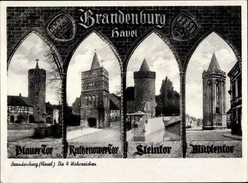 Ak Brandenburg an der Havel, Plauer Tor, Rathenower Tor, Steintor, Mühlentor, Wappen