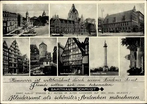 Ak Hannover in Niedersachsen, Altes Rathaus, Waterloo-Säule, Leibnitz-Haus, Provinzialmuseum