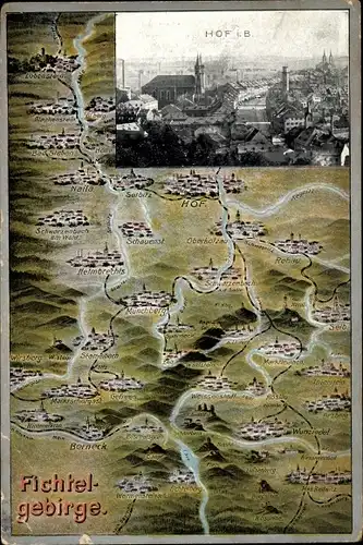 Landkarten Ak Hof an der Saale Oberfranken Bayern, Fichtelgebirge, Berneck, Münchberg