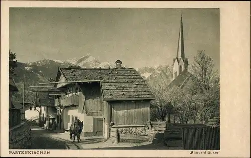 Ak Garmisch Partenkirchen in Oberbayern, Bauernhäuser, Kirche, Pferd