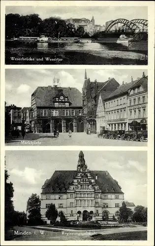 Ak Minden in Westfalen, Marktplatz, Weserbrücke, Wesertor, Regierungsgebäude