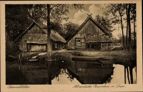 Ak Leipe Lübbenau im Spreewald, altwendisches Bauernhaus, Kahn