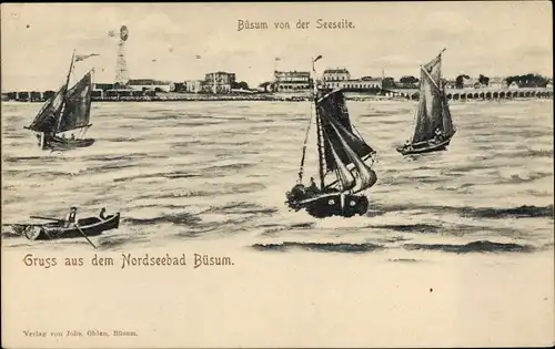 Ak Nordseebad Büsum, von der Seeseite, Segelboote, Windrad, Ruderboot