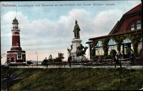 Ak Holtenau Kiel, Leuchtturm und Denkmal, Einfahrt des Kaiser Wilhelm Kanals, Gasthaus