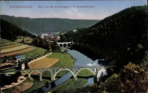 Ak Ziegenrück an der Saale Thüringen, Blick von der Hemmkoppe zur Elisabethbrücke