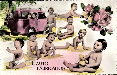 Ak Kleinkinder, Liebespaar im Auto, Fotomontage