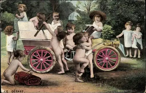 Ak Kinder in einem Automobil, Abfahrt, Fotomontage, Kitsch, Le Départ