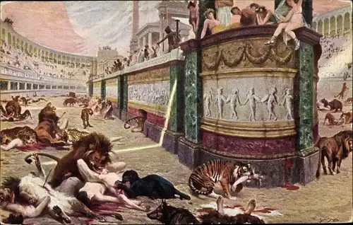 Künstler Ak Styka, Jan, Die blutige Arena, Nero, Löwen, Tiger, Raubkatzen zerfleischen Menschen