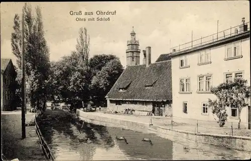 Ak Ohrdruf in Thüringen, Ohra mit Schloss