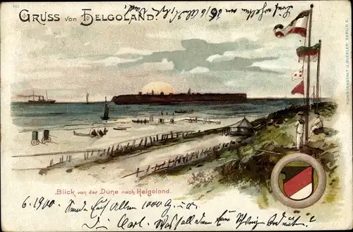 Litho Helgoland in Schleswig Holstein, Blick von der Düne, Wappen