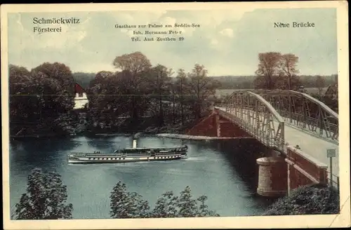 Ak Berlin Köpenick Schmöckwitz, Gasthof zur Palme am Seddin See, Neue Brücke, Försterei, Dampfer