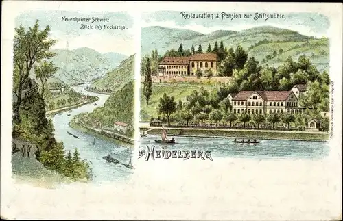Litho Heidelberg am Neckar, Blick ins Neckartal, Restaurant und Pension zur Stiftsmühle