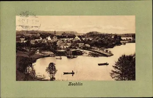 Passepartout Ak Dorf Zechlin Rheinsberg, Stadtpanorama, Gewässer, Boote