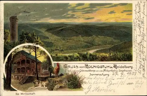 Litho Heidelberg am Neckar, Königstuhl, Wirtschaft, Sonnenaufgang Neckartal bei Ziegelhausen