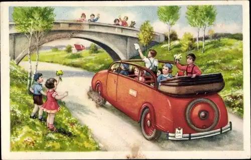 Ak Kinder im Auto, Brücke, Abschied, Birken, Urlauber