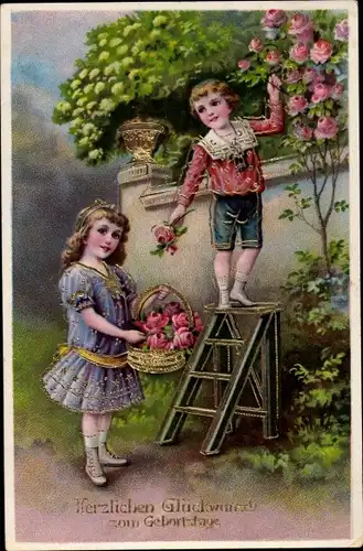 Ak Glückwunsch Geburtstag, Kinder pflücken Rosen
