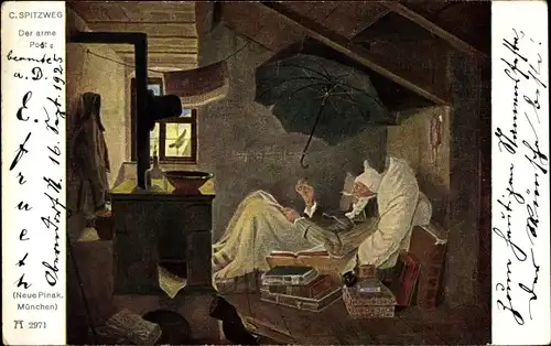 Künstler Ak Spitzweg, Carl, Der arme Poet, Regenschirm, Bücher