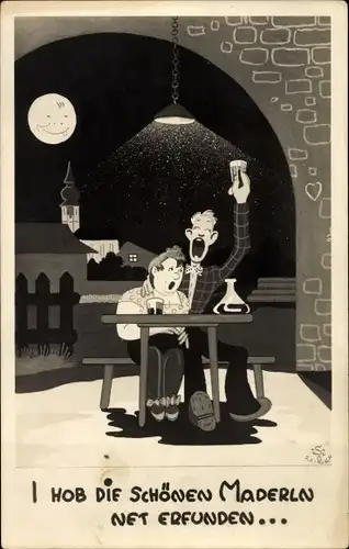 Künstler Ak I hob die schönen Maderln net erfunden, Wirtshausszene