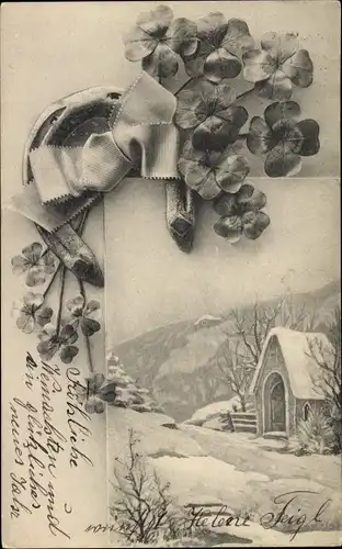 Passepartout Ak Winterlandschaft, Hufeisen, Kleeblätter