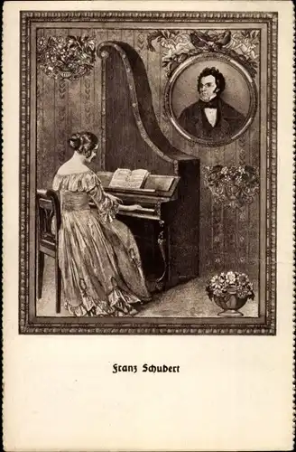 Künstler Ak Frau am Klavier, Österr. Komponist Franz Schubert, Harfenklavier