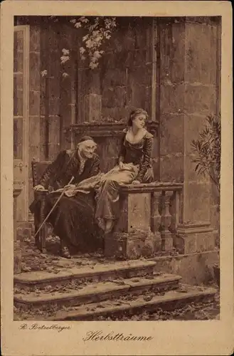 Künstler Ak Poetzelberger, Herbstträume, junge Frau, alter Priester