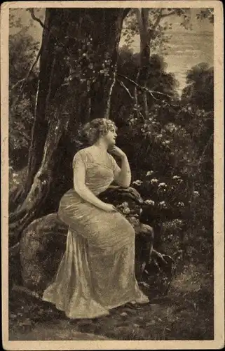 Künstler Ak Kränzle, J., Ein schattiges Plätzchen, junge Frau unter einem Baum