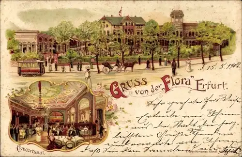 Litho Erfurt in Thüringen, Flora Restaurant, Straßenbahn, Konzertsaal