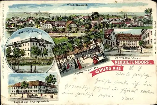 Litho Neudietendorf Thüringen, Mädchenpensionat, Schwesternhaus, Gasthof der Brüdergemeine