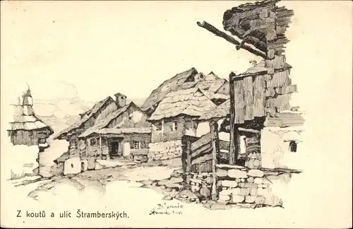 Künstler Ak Jaronek, B., Štramberk Stramberg Mährisch Schlesien, Wohnhäuser, Straße