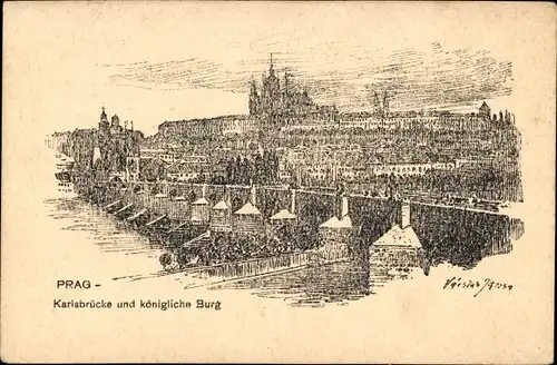 Künstler Litho Praha Prag Tschechien, Karlsbrücke, Königliche Burg