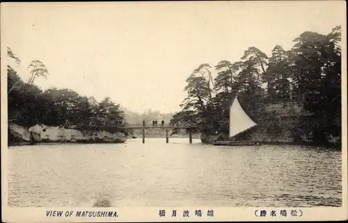 Ak Matsushima Pref. Miyagi Japan, Blick vom Wasser zur kleinen Brücke