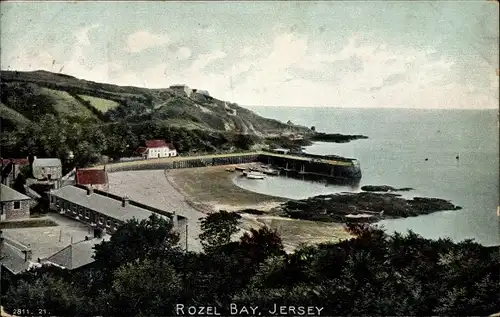 Ak Rozel Bay Kanalinsel Jersey, Hafenbecken, Ortsansicht