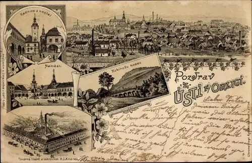 Litho Ústí nad Orlicí Wildenschwert Region Pardubice, Rathaus, Totalansicht, Marktplatz