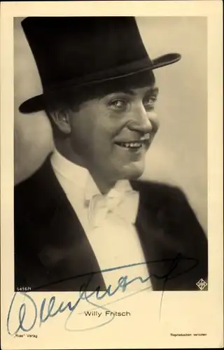 Ak Schauspieler Willy Fritsch, Portrait, Anzug, Zylinder, Ross Verlag 6416/1, Autogramm