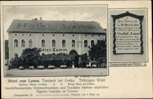 Ak Tambach Dietharz im Thüringer Wald, Hotel zum Lamm, Inh. Herm. Leuther, Luther-Gedenktafel