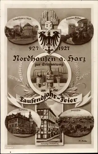 Ak Nordhausen am Harz, Tausendjahr Feier 927-1927, Rathaus, Judentürme, Schule, Finkenburg